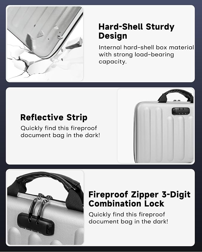 DOZAWA Fireproof Document Box, Hard Case Document Organizer with Lock, 13 Pockets Accordion File Folder with Reflective Strip, Waterproof Safe Box for Important Documents & Valuables Storage, Silver