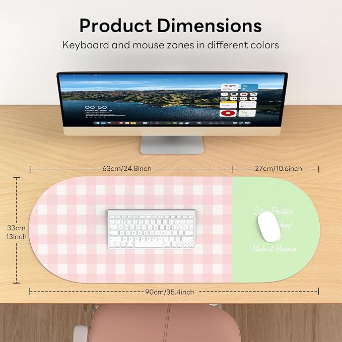 Checkered Pattern Desk Pad Protector, 35.5 x 13'' Aesthetic Mouse Mat for Desktop, Waterproof PU Leathe Non-Slip Desk Writing Pad for Office and Home, Pink and Green