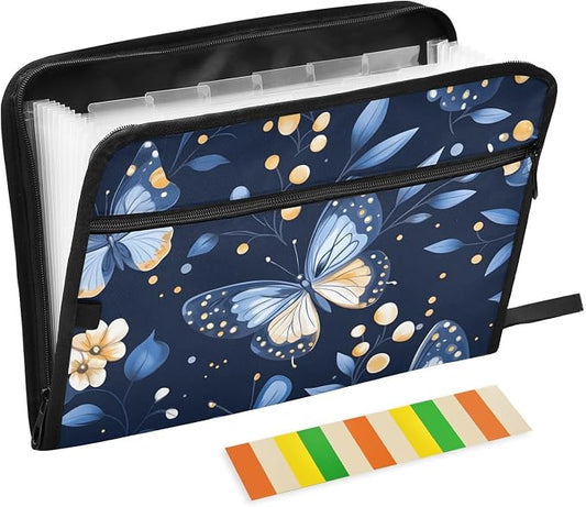 Expanding File Folder Butterfly Butterflies Blue Accordion File Organizer 13 Pockets Document Organizer with Zipper Labels A4 Letter Office Storage
