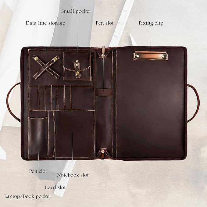 Genuine Leather Portfolio, Padfolio Organizer with Handle, Personalized Padfolio，Padfolio with Zipper for Men Women，Suitable for 15-inch Laptop Legal Pad Padfolio, Dark Brown