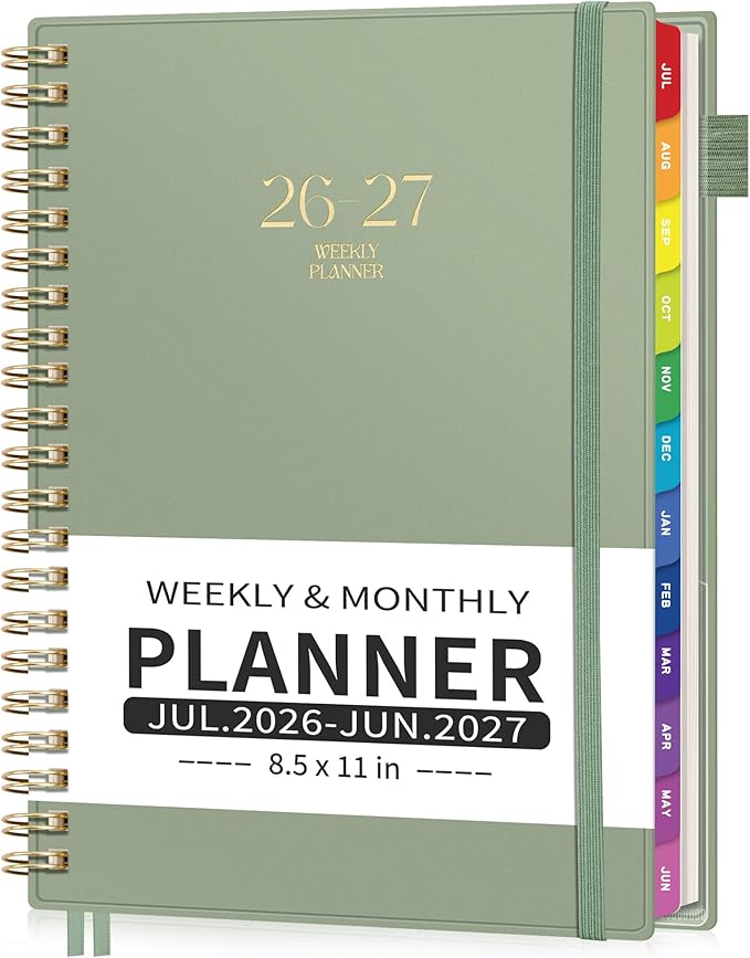 EMSHOI Academic Planner 2026-2027, Large A4 8.5x11, Weekly and Monthly Calendar (July 2026-June 2027), School Student Teacher Agenda Book, 100GSM Thick Paper, PVC Cover, Colorful Tabs, Light Green