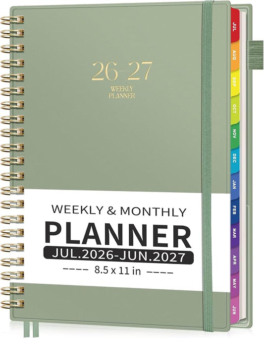 EMSHOI Academic Planner 2026-2027, Large A4 8.5x11, Weekly and Monthly Calendar (July 2026-June 2027), School Student Teacher Agenda Book, 100GSM Thick Paper, PVC Cover, Colorful Tabs, Light Green