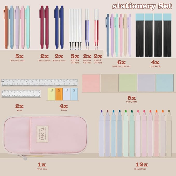 52 Aesthetic School Supplies with Cute Pen Case,5 Black, 2Blue,2 Red 0.5MM Ink Gel Pens,12inch and 6inch rulers,6 0.5MM Mechanical Pencils for Students Stationary College Essentials