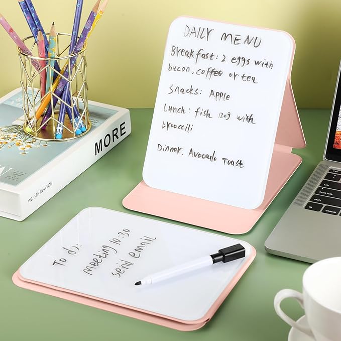 Dunzoom 2 Pcs Small Glass Desktop Whiteboard with Reversable Stand 8 x 6 Inch Mini Dry Erase White Board Easel with 2 Markers Reusable Desk Notepad for Home Office School Supplies (Pink)