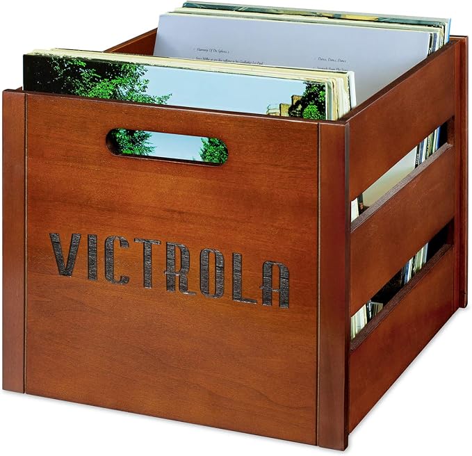 Victrola Wooden Record Crate – Tabletop Vinyl Album Holder, No-Tool Assembly, Holds Over 50 Records, Real Wood Construction, Elegant Design (Wood)