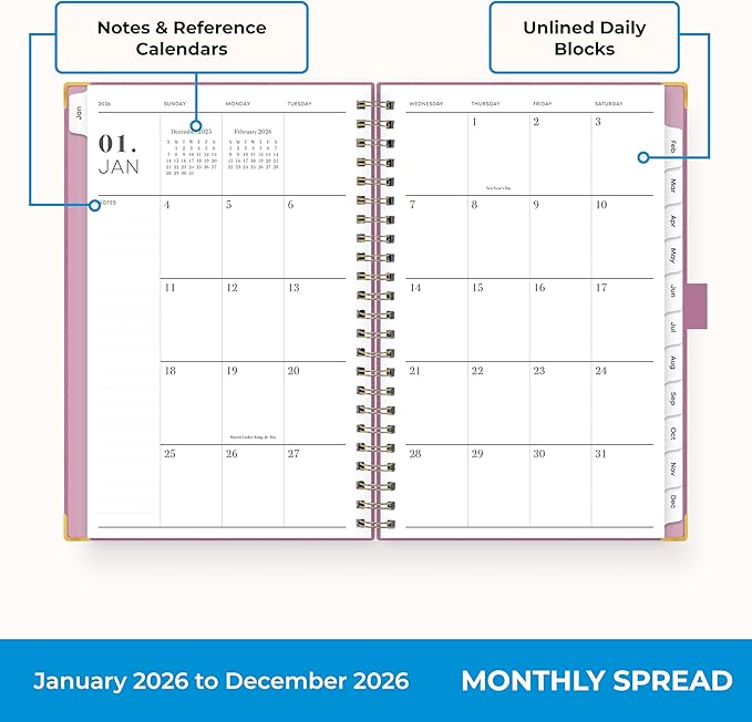 Blue Sky 2026 Weekly and Monthly Planner Calendar, January 2026 - December 2026, 5" x 8", Faux Leather Cover, Durable Twin Wire Binding, Storage Pocket, Laminated Tabs, Includes Pen Loop, Bungee, Ruler, Imperial Rose
