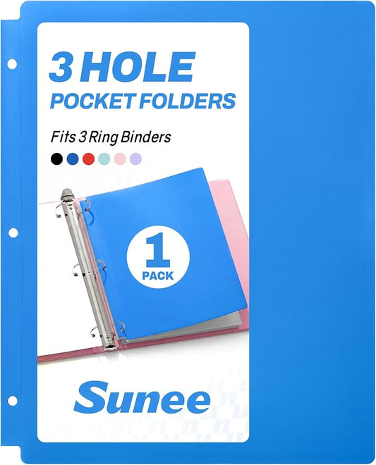 SUNEE 3 Hole Pocket Folders (1 Pack, Blue), Plastic Pocket Folders for 3 Ring Binder, 3-Hole Punched Folder with Pockets, for Kids, Students, Teachers, Office Staff