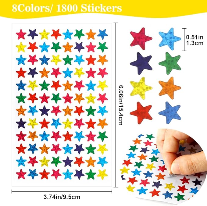 1800 PCS Small Star Stickers, 30 Sheets Holographic Rainbow Star Stickers for Kids Reward, Foil Star Stickers, 8 Colors Star Sticker for School Planner,Behavior Chart, Home, Teacher Supplies
