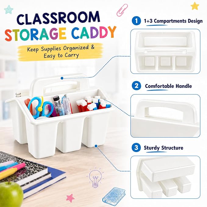 8 Pack Classroom Caddy Storage Basket with Handle 4 Compartment Storage Caddy Plastic Arts Crafts Caddies Protable Classroom Craft Caddies for Kids Schools Art Craft Supplies(White)