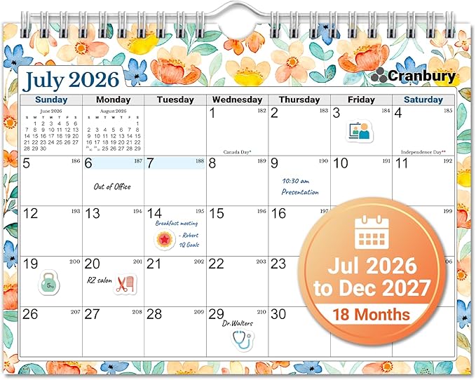 CRANBURY Wall Calendar 2026-2027, 8x6", 18 Months Jul. 2026 to Dec. 2027, Thick Paper, Small Desk & Wall Planner for Office, School, Mini Monthly Hanging Calendar with Stickers, Floral