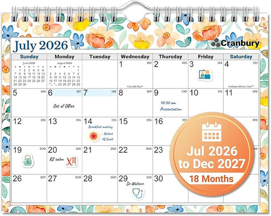 CRANBURY Wall Calendar 2026-2027, 8x6", 18 Months Jul. 2026 to Dec. 2027, Thick Paper, Small Desk & Wall Planner for Office, School, Mini Monthly Hanging Calendar with Stickers, Floral