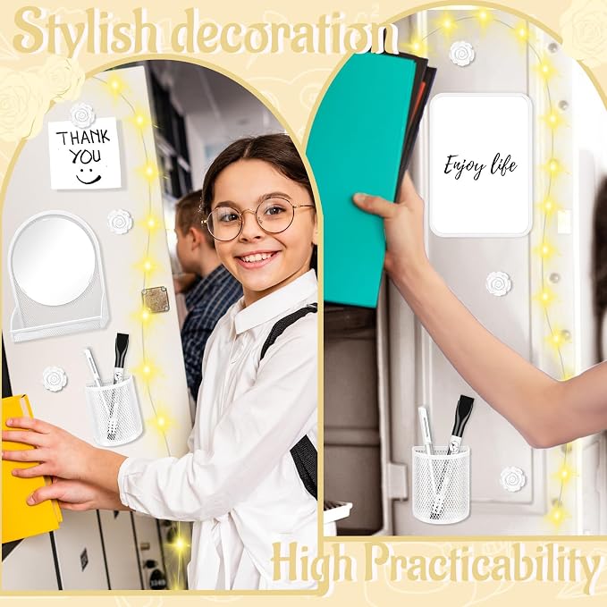 8 Pcs Locker Accessories Kit White Magnetic Mirror, Magnetic Pen Holders, Cute Flower Magnets,Locker Organizer Kit White Locker Accessories for Girls Back to School Essentials