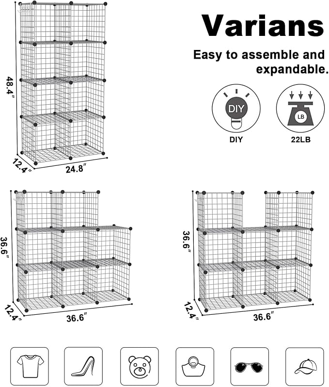 C&AHOME Wire Cube Storage, 8 - Cube Organizer Metal C Grids, Modular Shelves Units, Closet Organizer, Ideal for Home, Office, Living Room, 24.8" L x 12.4" W x 48.4" H, Silver Gray UWCS3008G