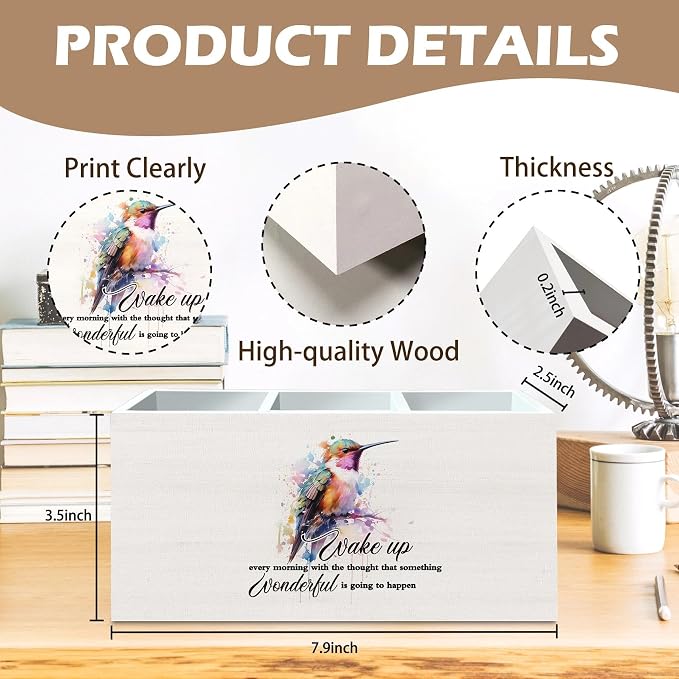 DILSJ Hummingbird Inspirational Pen Pencil Holder Organizer for Desk, Inspirational Gifts for Women, Motivational Quotes Wooden Box Signs for Home Office Desk Tabletop Decoration， Supplies
