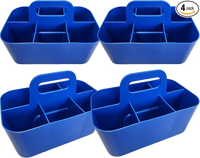 Small Stackable Plastic Caddy with Handle 6 Compartment | Desk, Makeup, Dorm Caddy, Classroom Art Organizers - 4 Pack, Made In USA (Blue)