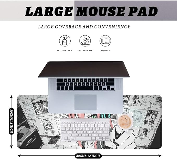 Anime Girl Gaming Mouse Pad Desk Pad Red Hair Headphones Sketch Style Mousepad XL Large Gaming Mousepad Laptop Keyboard Mat Desk Pad Office Computer Keyboard Laptop Home 31.5"x11.8"