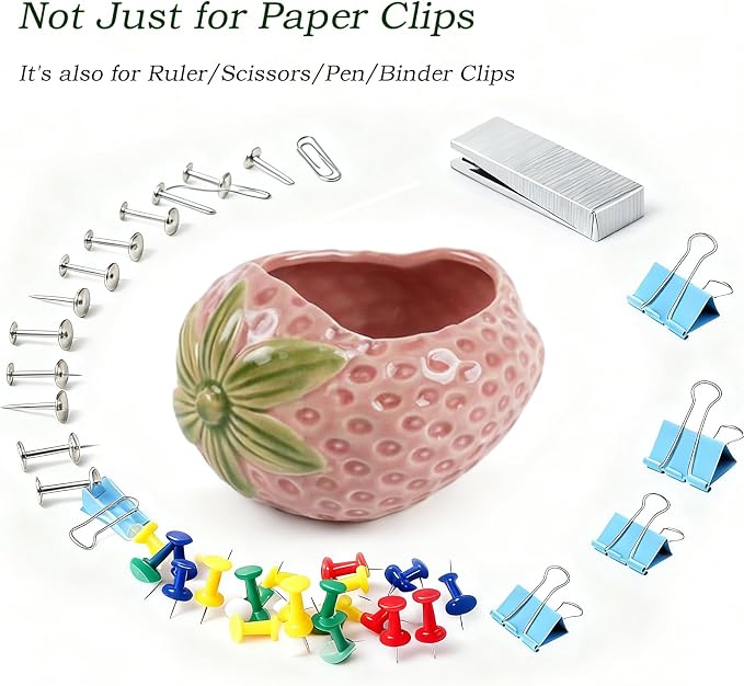 Ceramic Paper Clip Holder, Strawberry-Shaped Binder Clip Box Cute Office Decor Supplies for Desk Organizer (Strawberry Pink)
