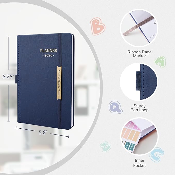 Tiankool Planner 2026, Jan 2026 - Dec 2026 Weekly Monthly Planner with Stickers, Elastic Closure, Inner Pocket, Round Corner, 5.8" x 8.25" - Blue