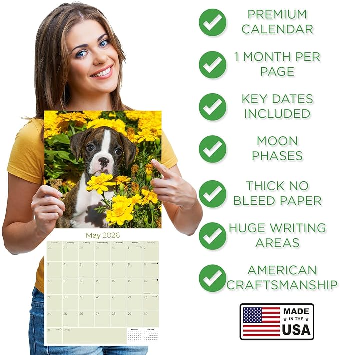 Boxer Puppies Calendar 2026 – 16-Month Dog Breed Wall Calendar by MegaCalendars – Large Daily Blocks, Thick No-Bleed Paper, Made in USA