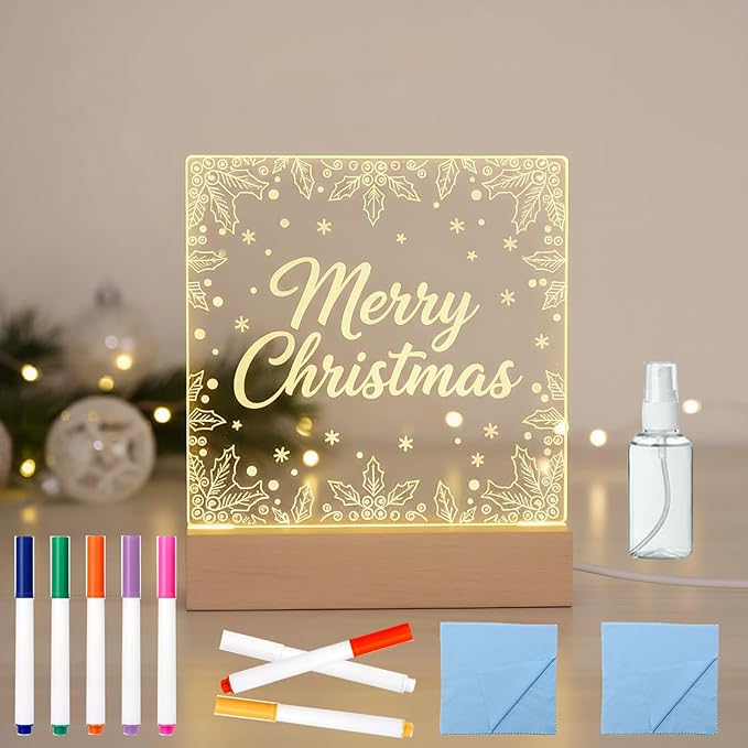 5.9 x 5.9 Inch LED Message Note Board with Colors, Clear Acrylic Light Up Dry Erase Drawing Writing Board with Stand
