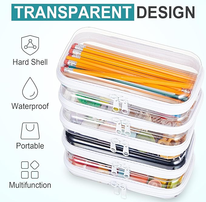 15 Pcs Clear Hard Shell Zipper Case Plastic Bins Transparent Double Zippers Hard Pouch Clear Plastic Storage Box Containers for Building Blocks Cosmetics, Puzzles(7.5 x 4 Inches)