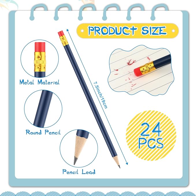 Outus 24 Pieces Round Pencils Cute HB Graphite Wood Pencils Pack with Eraser for School Drawing Sketching Wedding Office Supplies (Blue)