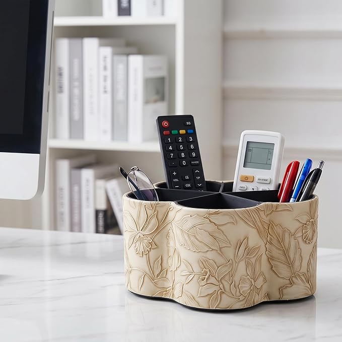 Flower Shaped Leather Art Supply Organizer,Remote Control Holder,360 Degree Spinning,Multi-Functional Pencil Holder,5 Compartments Desktop Stationary Organizer(1-Flower Apricot)