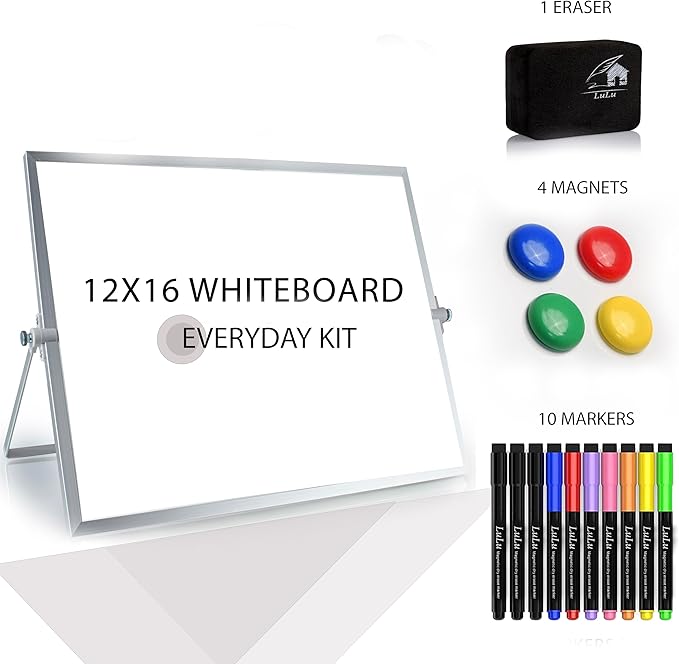 12x16 Magnetic Dry Erase Whiteboard with Stand – Double-Sided Desktop Board, 10 Markers, 4 Magnets & Eraser - Silver Frame | LULU OFFICE
