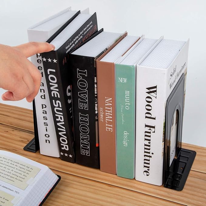 Jekkis 20pcs Book Ends Metal Bookends for Shelves, 6.6"x 5.7"x 5" Black Heavy Duty Bookends for Nonskid Supports Plain Large, Library Office Home, 10 Pair