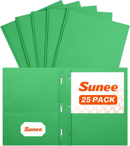 SUNEE 2 Pocket Folders with Prongs (25 Pack, Green), Paper Folders with 2 Pockets and 3 Prongs Fit Letter Size Paper, Folders with Prongs for School Office Home Business
