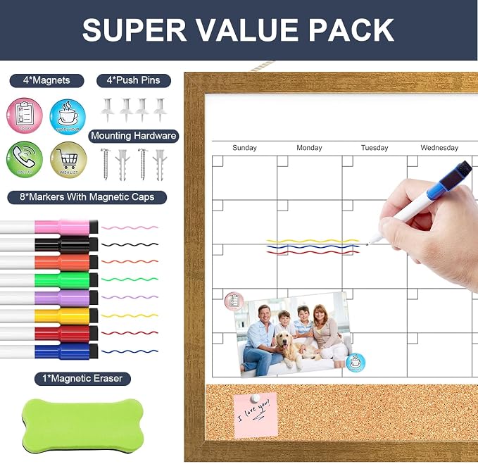 Calendar Whiteboard for Wall, 18x24 Inches White Board Calendar Dry Erase, Magnetic Monthly White Board with Gold Wood Frame, Hanging Dry Erase Board for Kitchen Home Office School Planner