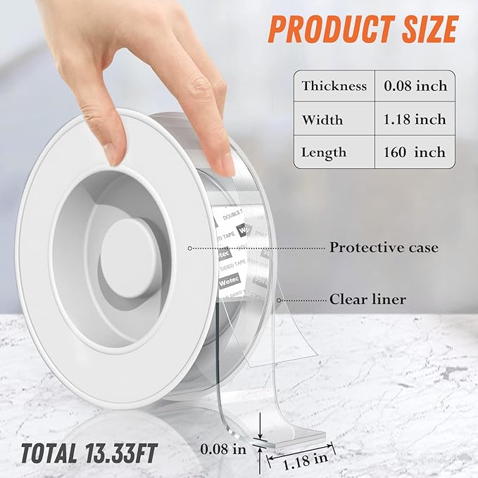 Wotec Extra Large Double Sided Tape Heavy Duty Removable 1.18 Inch x 160 Inch, Clear & Tough Nano Tape, Multipurpose Mounting Tape Picture Hanging Strips Adhesive for Poster Carpet