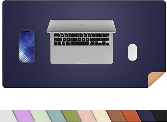 AFIING Cork Desk Mat 23.6 x 13.7, Dual-Sided Cork & PU Leather Desk Pad, Waterproof Non-Slip Desk Protector for Home Office, Study Desk & Minimalist Workspace Blue