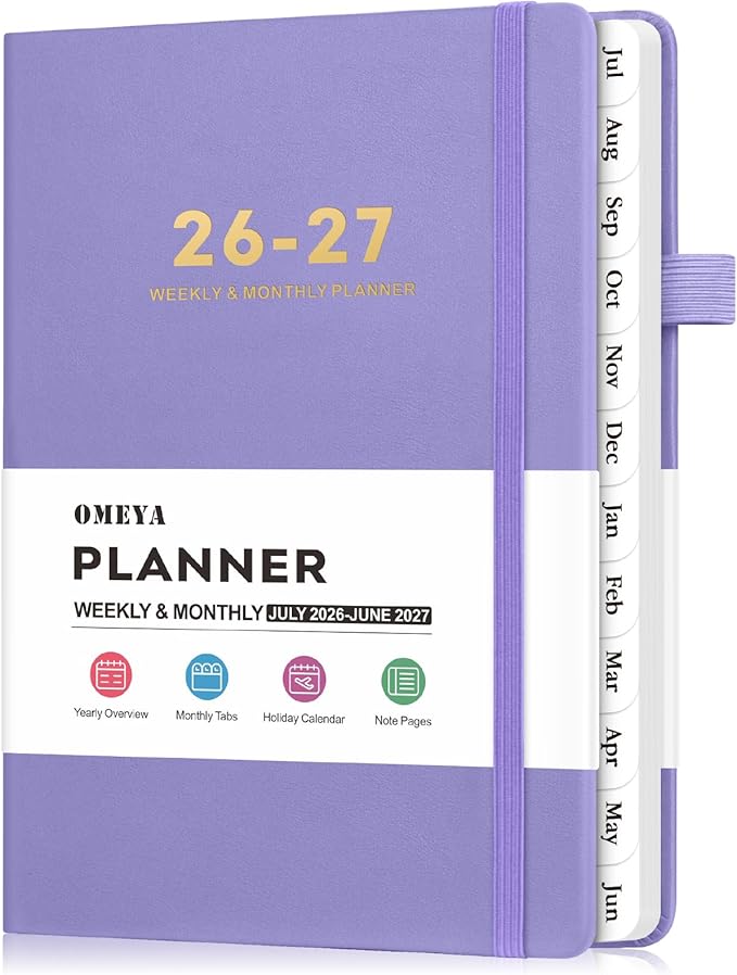 OMEYA Leather Academic Planner 2026-2027: A5 Purple Business Weekly & Monthly Planner for Work, July 2026 – June 2027, 100gsm Thick Paper, Durable Stitched Binding, Tabs, Pen Loop, Pocket