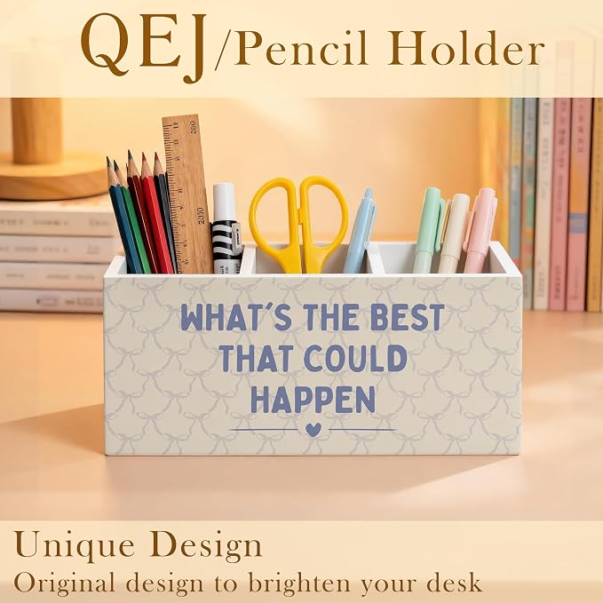 Coquette Bow Motivational Pen Holder for Desk, What's the Best That Could Happen Positive Affirmations Wooden Box Pencil Pen Organizer for Girls Room Dorm Home Office Desk Tabletop