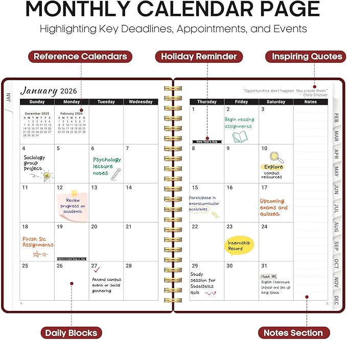 2026 Planner, Weekly and Monthly Calender Planner, Jan 2026 to Dec 2026, Hardcover 2026 Calendar Book with Tabs & Inner Pocket, Office Home School Supplies for Women & Men - A4 (8.5" x 11"), Burgundy