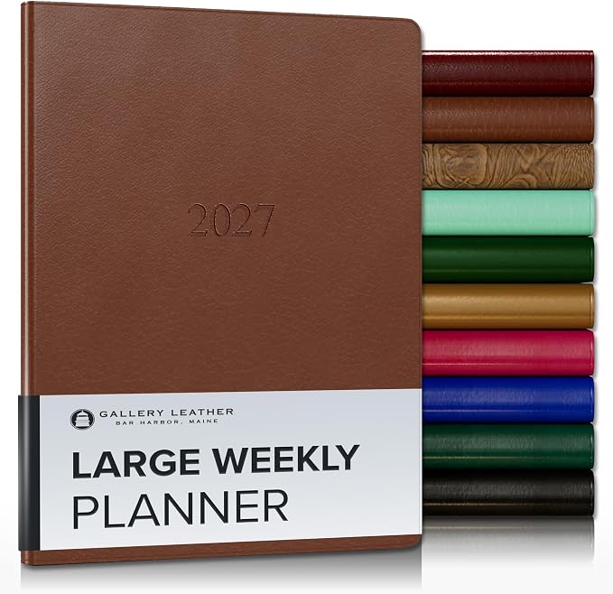 Gallery Leather Large Weekly Monthly Planner 2027, Elegantly Bound Calendar Planner and Notebook with Stylish Gold-Gilded Page Edges, 12 Months - Monhegan Saddle - 9.75x7.5"