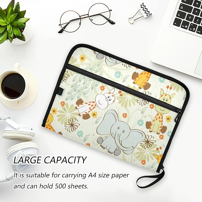Cartoon Giraffe Elephant 13 Pockets Expanding File Folder with Sticky Labels Accordion File Folder Document Organizer Letter Size A4 Papers Expandable File Keeper
