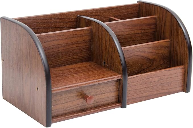 Liry Products Cherry Brown Wooden Desktop Organizer Drawer Multiple Compartments Stepped Shelf Racks 5 Slots Tabletop Storage Cabinet Office Supplies Caddy Stationery Holder Accessory Sorter Home