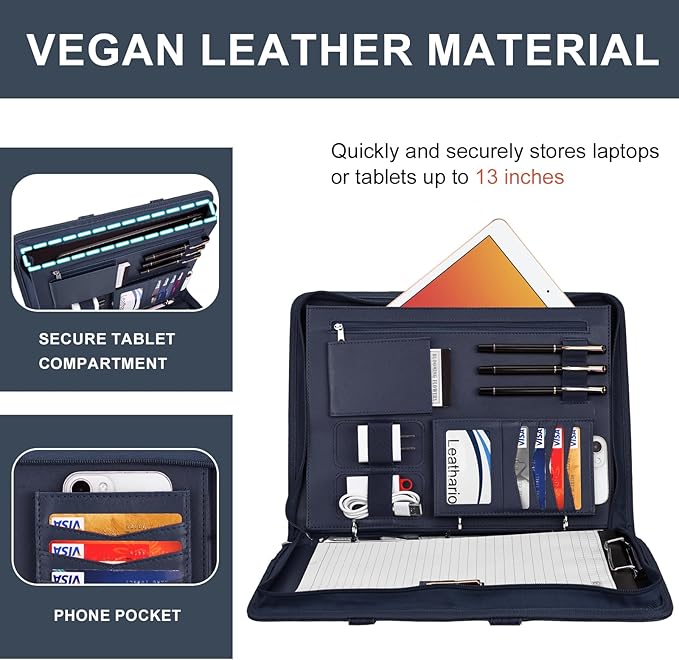 Leathario Portfolio Binder, Includes 5 Folder Index Dividers, 13 Inch Tablets Organizer with Handle, Vegan Leather A4 Padfolio, Multi-Pocket Notepad Business Planner Professional Document