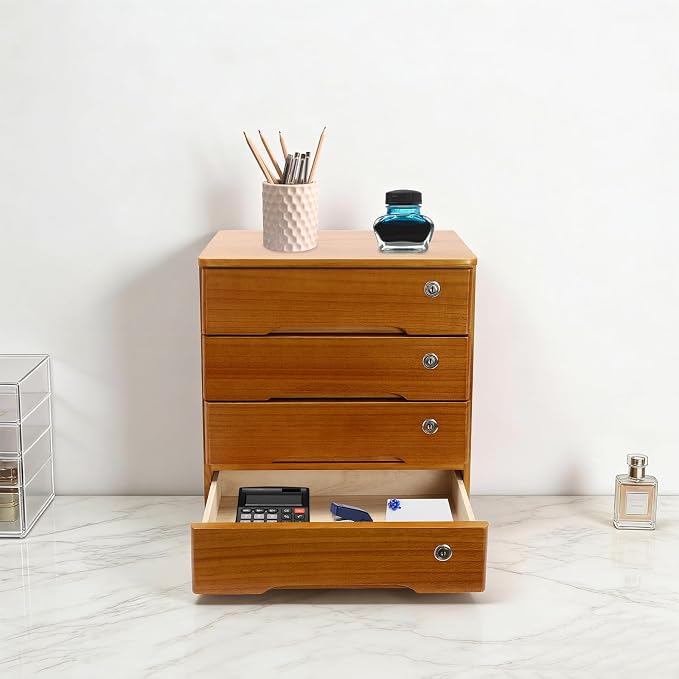 Wooden Desktop Storage Box with Lockable Drawers, Flat File Cabinet Drawer Desktop Storage Box, Countertop Storage Cabinet for Office Home Toiletries Supplies Vanity (Wood yellow, 4 Drawer)