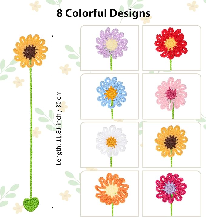 8 Pack Crochet Bookmarks, Colorful Flower Bookmarks for Book Lovers & Teachers (11.8 x 2.2 Inches)
