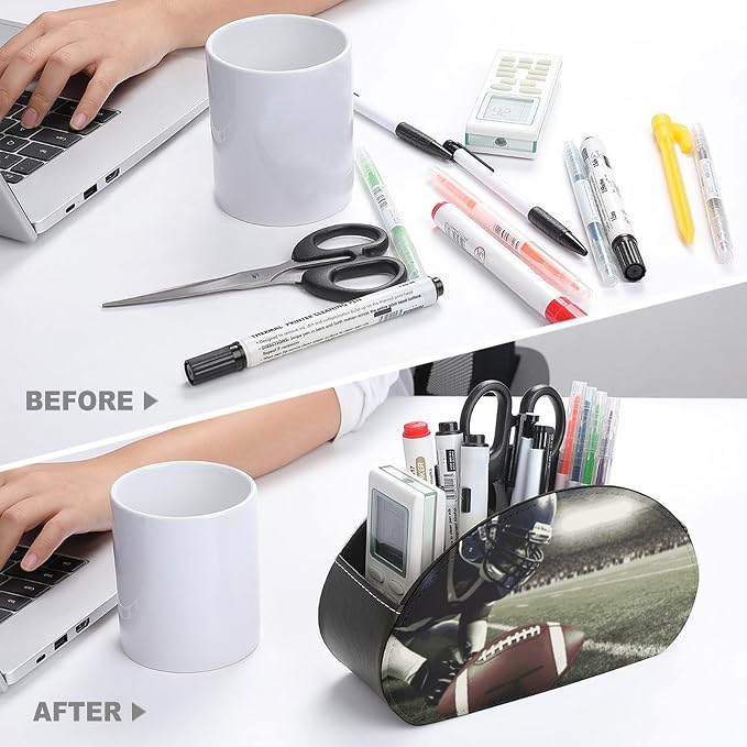 American Football Remote Control Holder with 5 Compartments Leather TV Remote Caddy Remote Storage Box Desktop Organizer for Pen/TV Remotes/Media Controllers/Office Supplies