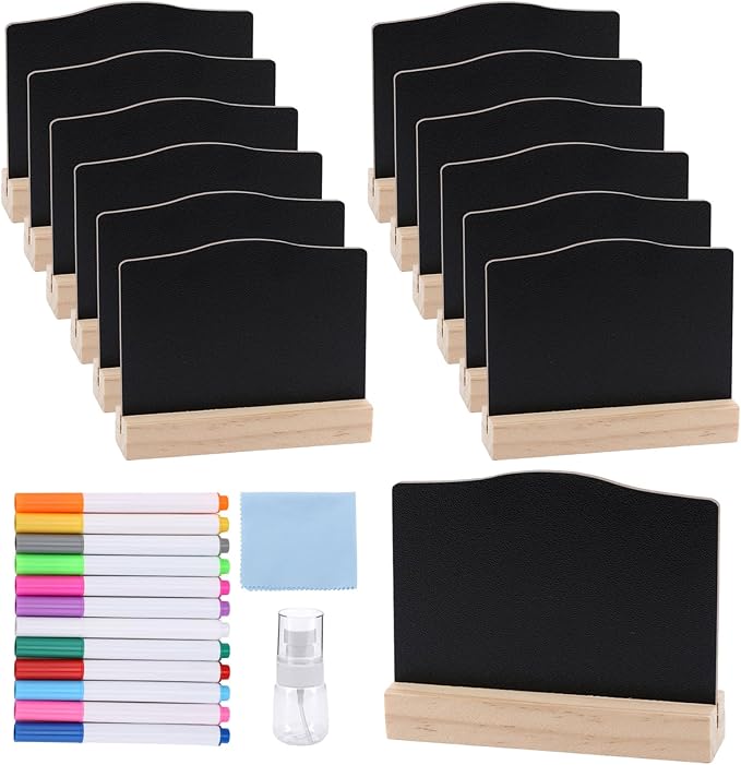 12 Pcs Mini Chalkboard Signs with Pens, Reusable and Reserved Table Signs, Double-Sided Use Message Board Sign for Weddings Place Cards, Birthday Parties, Plants, Special Event Decoration