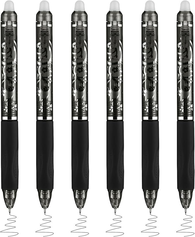 6 Pcs Retractable Erasable Pens, Colored Gel Black Ink Pens Clicker with Erasers, 0.5mm Fine Point Smooth Writing Pen for Journaling Note-Taking Crossword Puzzles Supplies (Black)