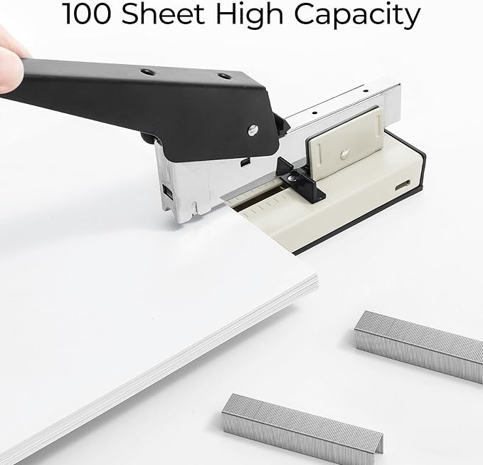 M&G Heavy Duty Stapler with 1000 Staples, 100 Sheet High Capacity, Large Metal Office Stapler for Paper Binding，White