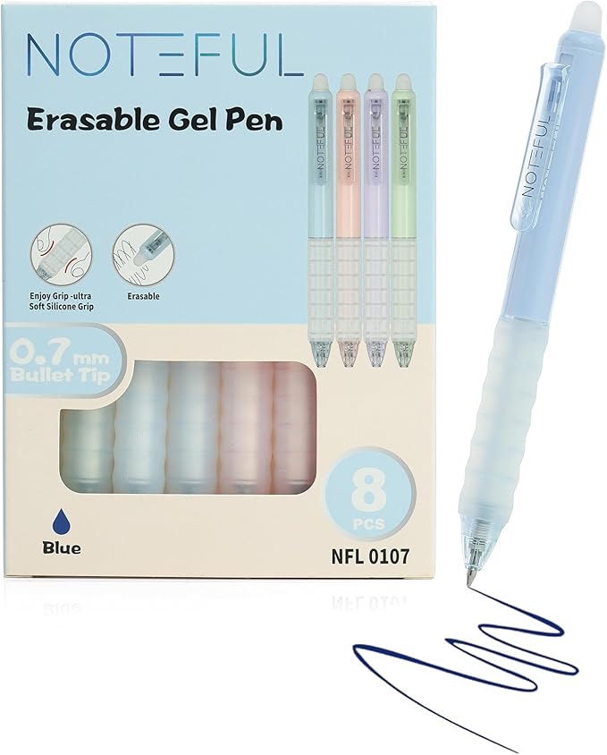 Retractable Erasable Gel Pens Clicker, Fine Point 0.7, Premium Comfort Grip for Smooth Writing Planner and School Supplies - Blue (Pack of 8)