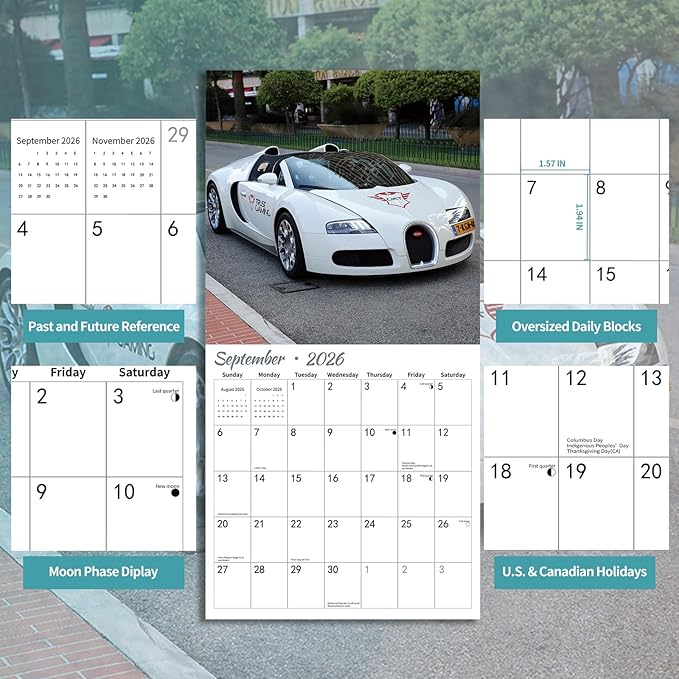 2026 Wall Calendar Supercar, 14 Months Hangable Wall Calendars, 12" x 24" (Open), Thick Glossy Paper, Organizing & Planning
