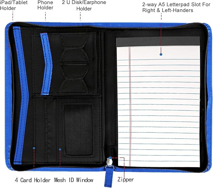 Junior Padfolio Portfolio with 5 x 8 Writing Pad, A5 Business Portfolio Binder Folder Organizer Multi-Function Combination Case for Men Women, Royal Blue