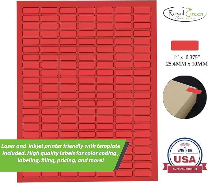 Red Sticker Label Sheets Bulk Printable Paper Labels 1 inch x 0.375 inch - 1540 Pack, 10 Sticker Sheets for Laser/Inkjet Printers with Template Included by Royal Green